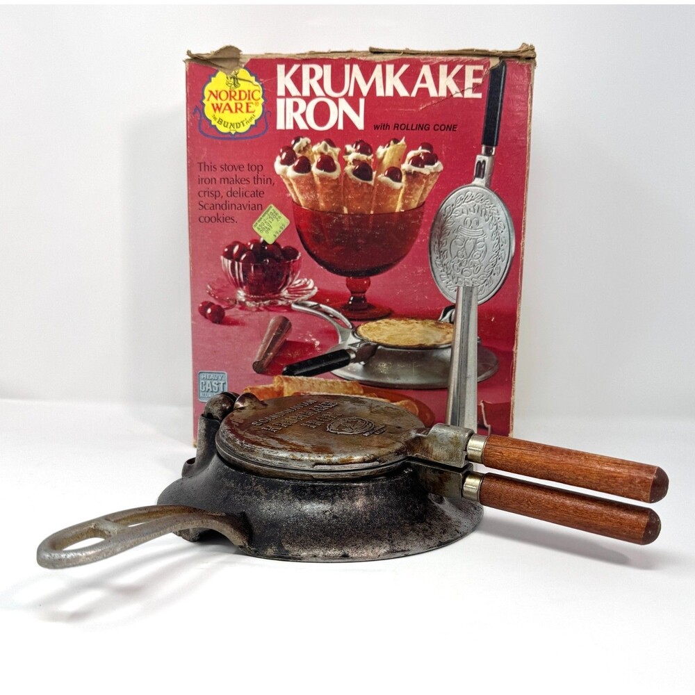 Vintage Nordic Ware Krumkake Iron Scandinavian Cookie Press Box Cone Roller
